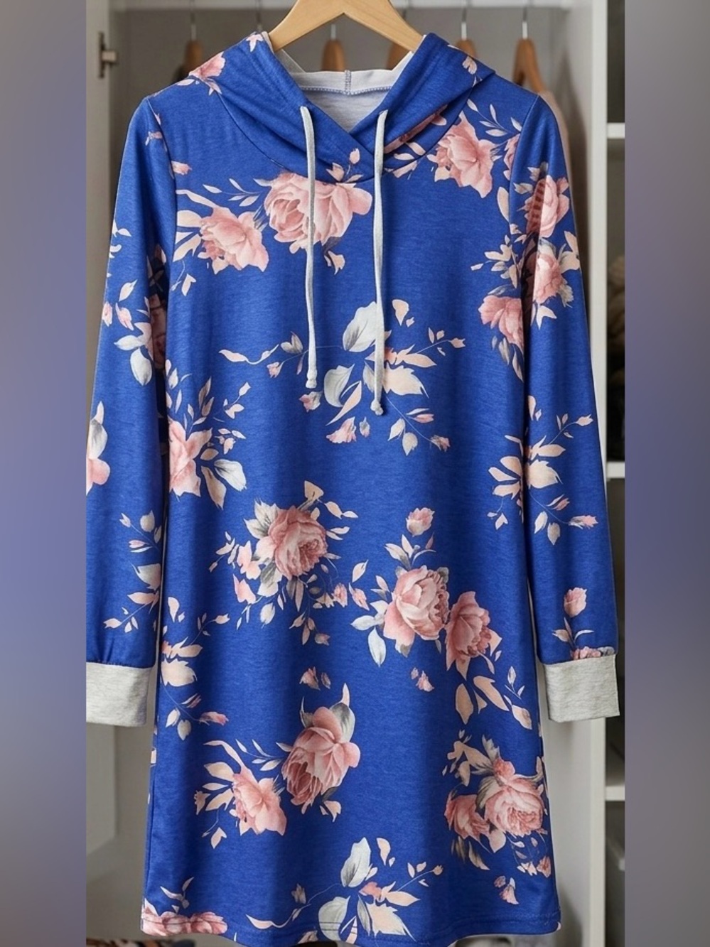 NWOT Blue Floral Print Hooded Sweatshirt Dress w/ Cuffs & Drawstring - Size M